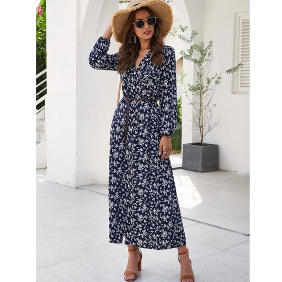 Floral Print Navy Blue Maxi Buttoned Up Dress - Picture 2 of 8